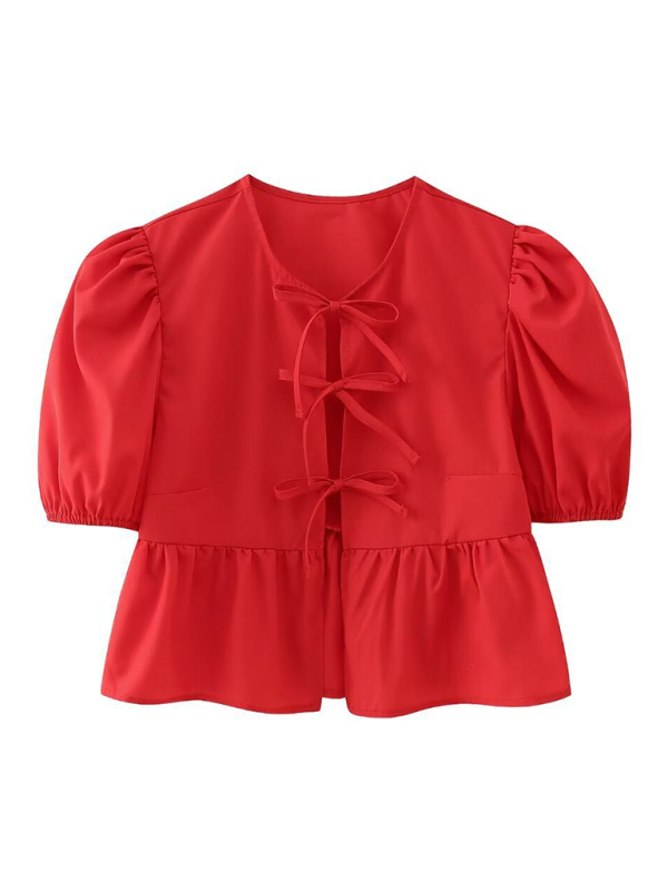 New women's hottie fashion slim fit strappy puff sleeve short sleeve shirt top-chiquechics